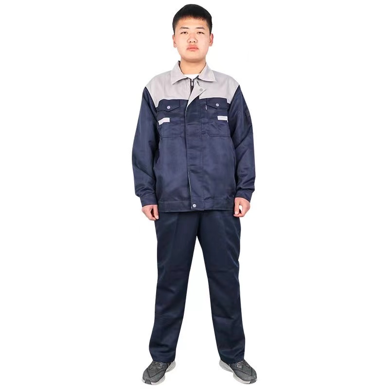 春秋季涤丝长袖工作服套装（藏蓝灰肩）